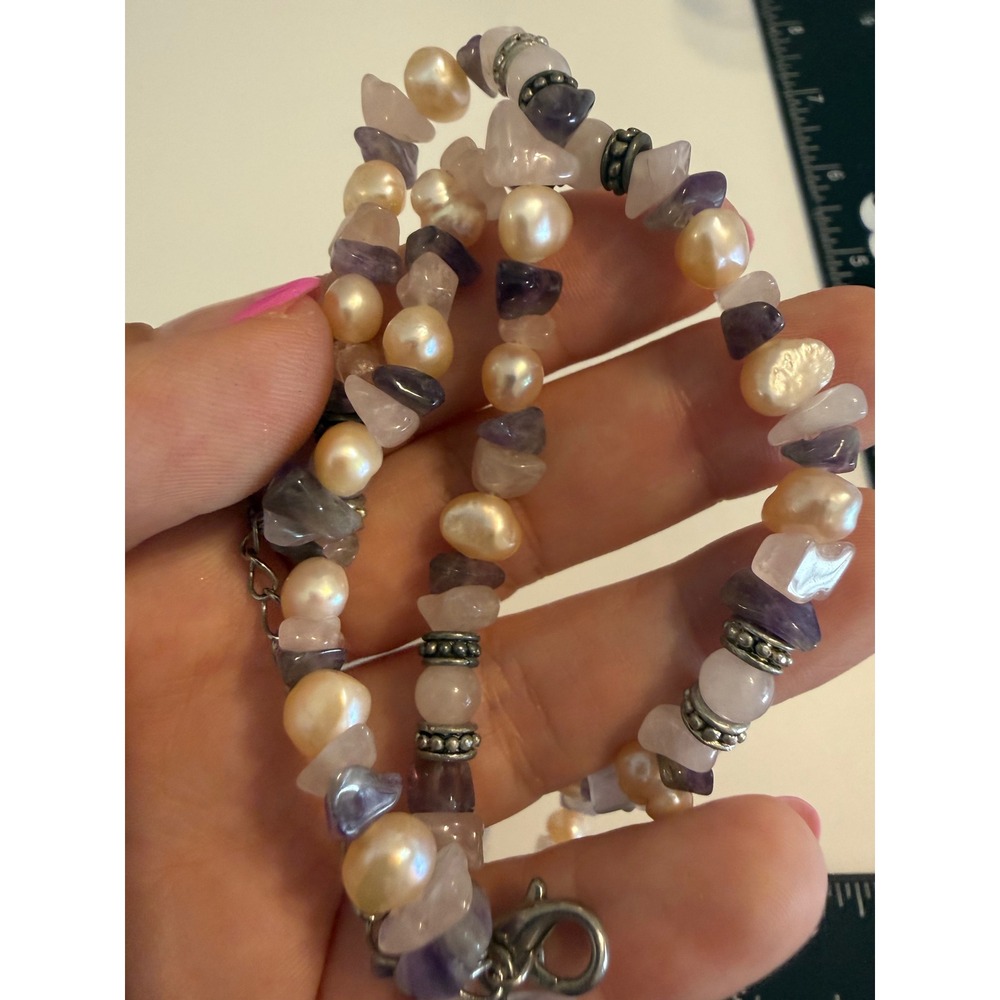 Pearl Amethyst Rose Quartz Chip Beaded Necklace Silver Tone Boho 18 Inch - Picture 3 of 3